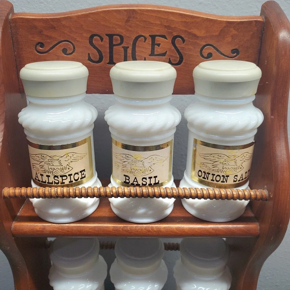 Vintage Double Tiered Wooden Spice Rack W/ 6 Milk Glass Spice Jars Farmhouse
